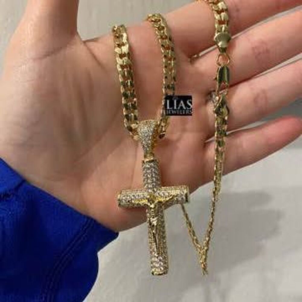 New 14k yellow gold filled Cuban link necklace with cross Jesus